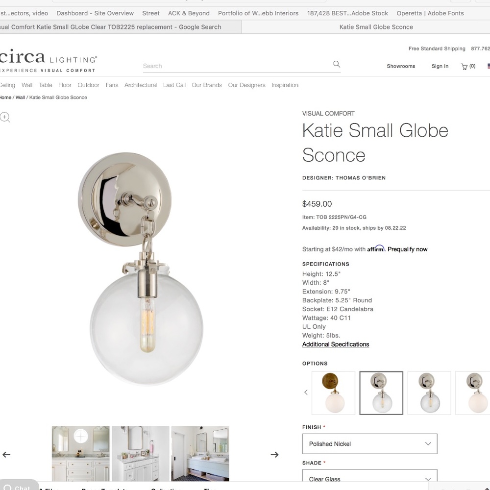 4 Visual Comfort — Katie Small Sconc Globes  Clear Glass — TOB225 — Globes Only